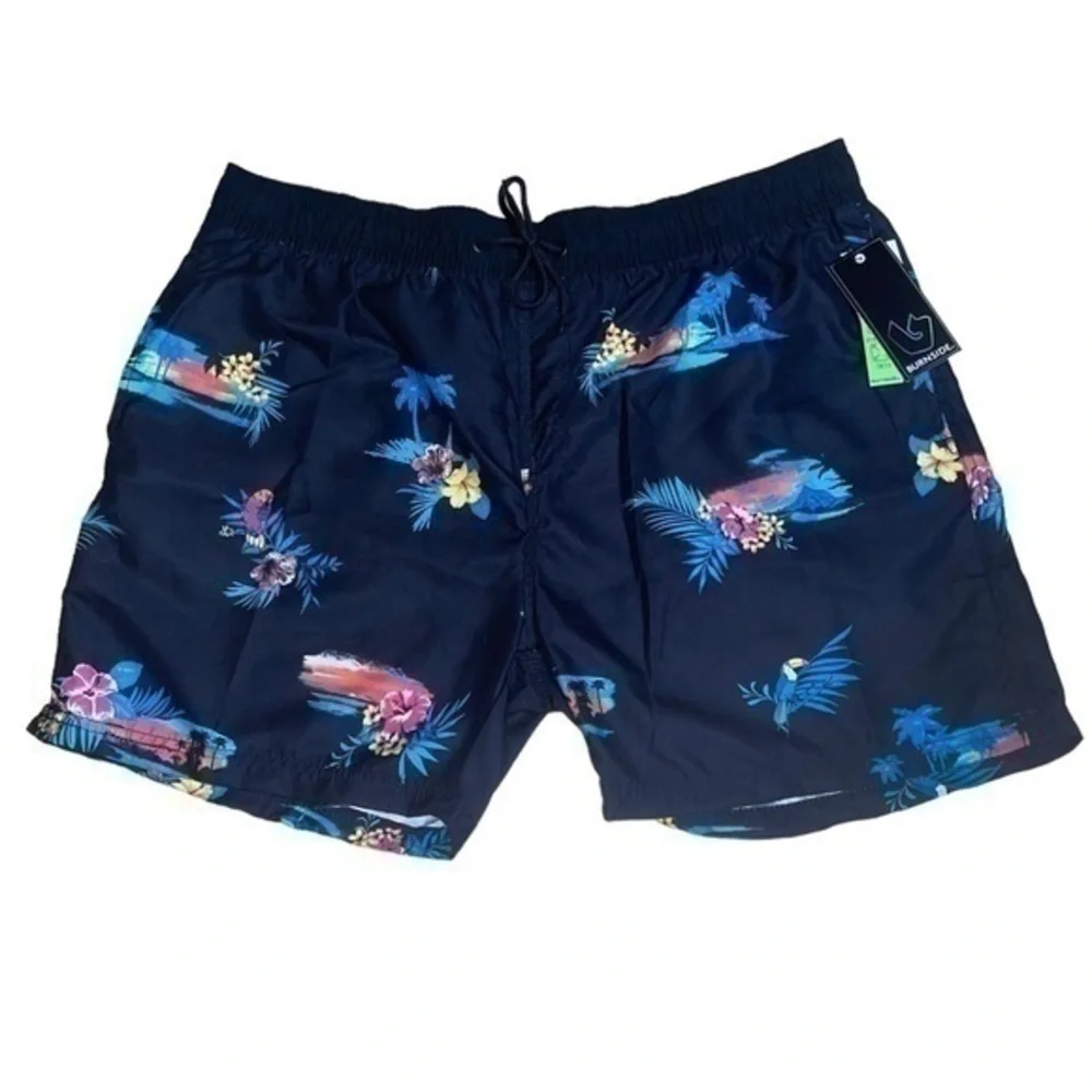 Burnside Parakeet Black and Blue Tropical Print Swim Trunks -Size XL